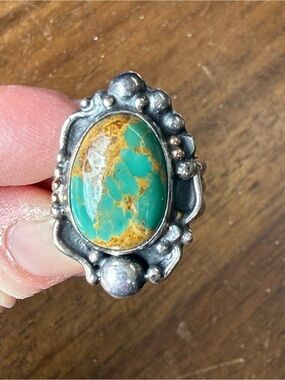 Sterling Silver Turquoise Stone Ring - Green and Golden Brown